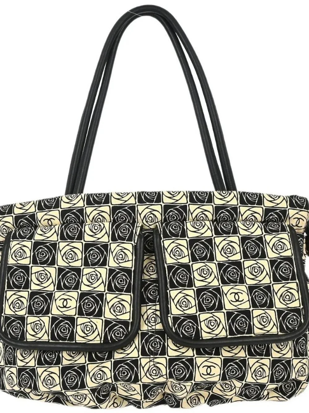 Chanel Black Beige Canvas Coco Ball Camellia Tote Handbag 197275